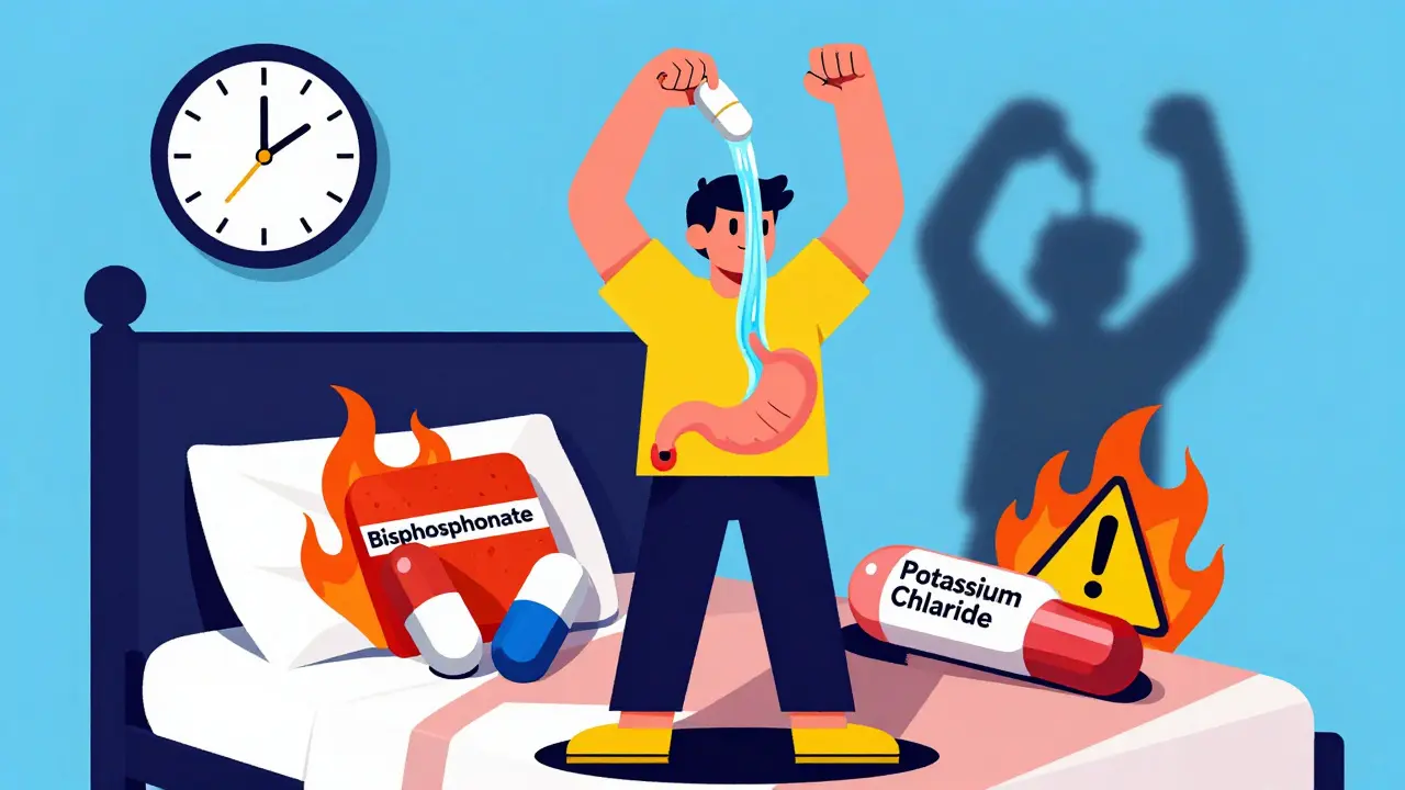 Person standing upright with water flushing a pill safely down, risky pills lying flat behind them.