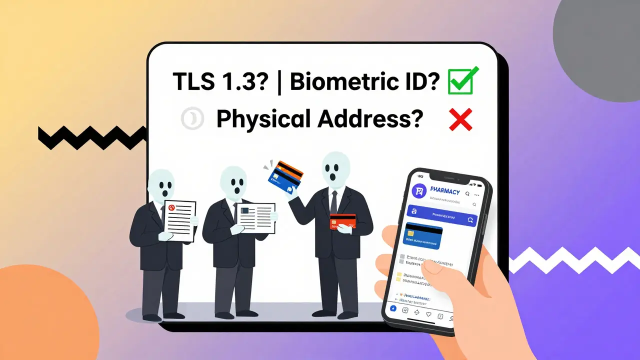 Person using phone while ghostly figures steal medical data, with safety checklist in Memphis design style.