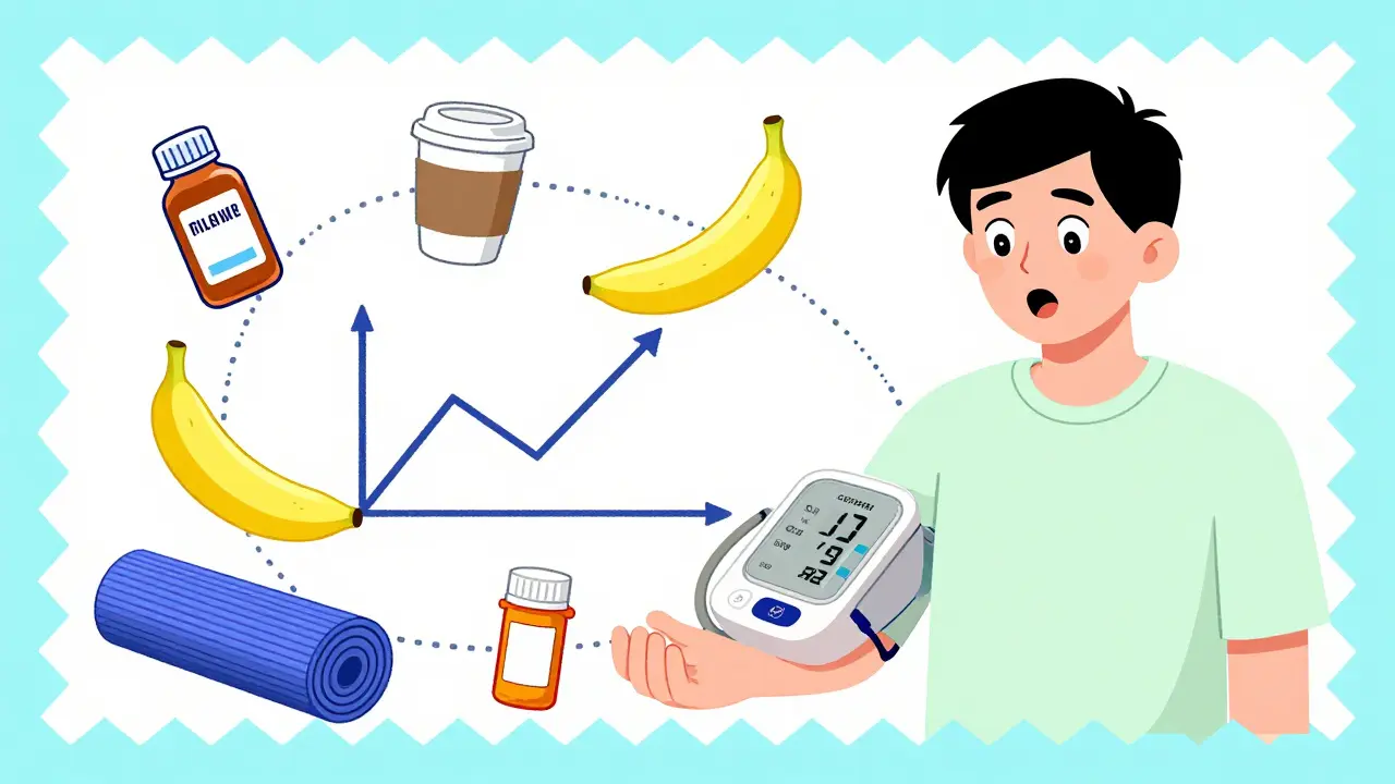 Person with home BP monitor surrounded by everyday items linked to a rising graph.