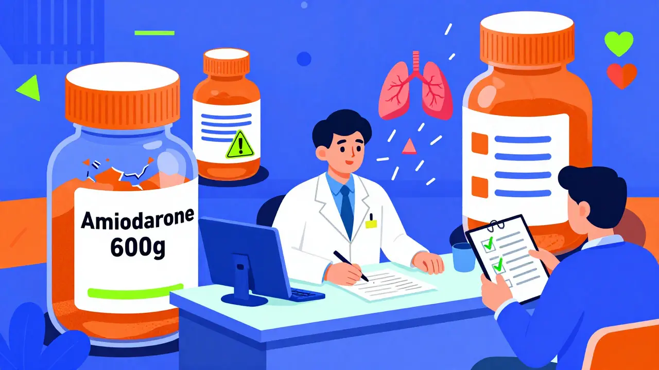 Pharmacist surrounded by giant warning pill bottles, patient holding a dose logbook.