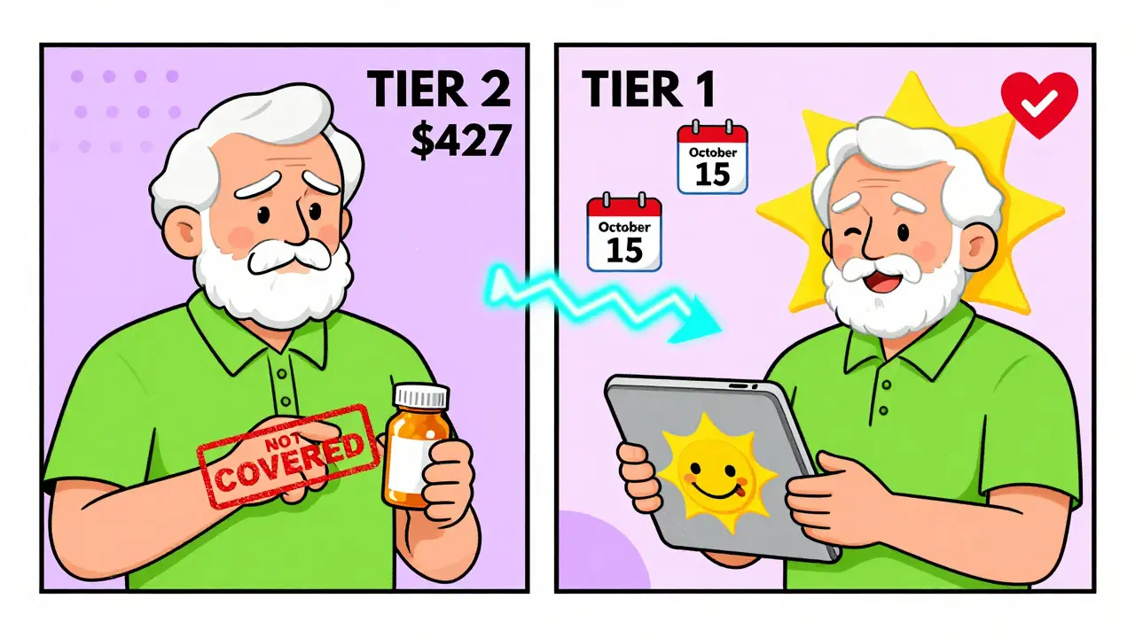 Senior switching from denied pill to covered generic using Medicare Plan Finder tablet