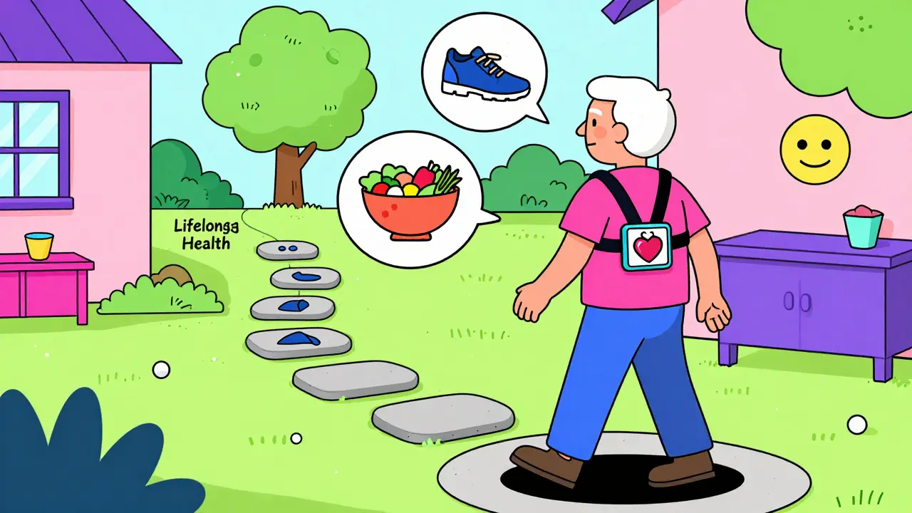 Senior walking at home with wearable heart monitor and path of icons leading to lifelong health.