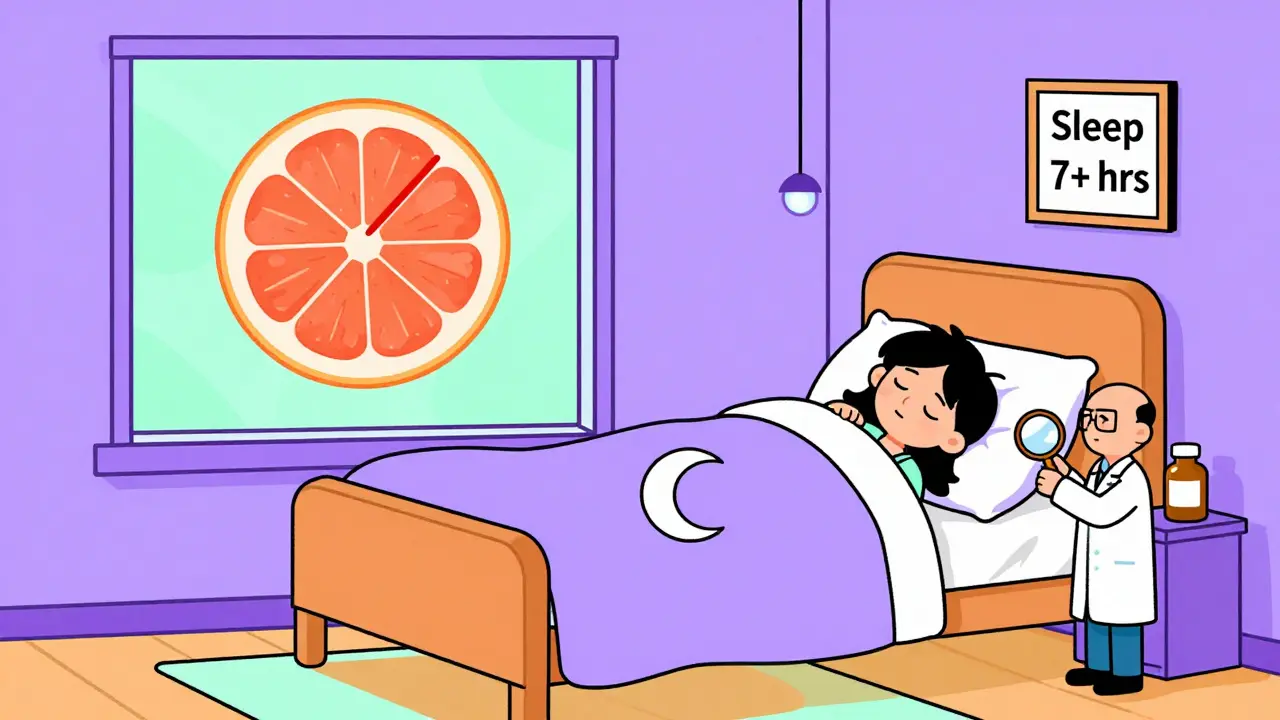 Sleeping person in a bedroom with a banned grapefruit and pharmacist checking meds in Memphis design.