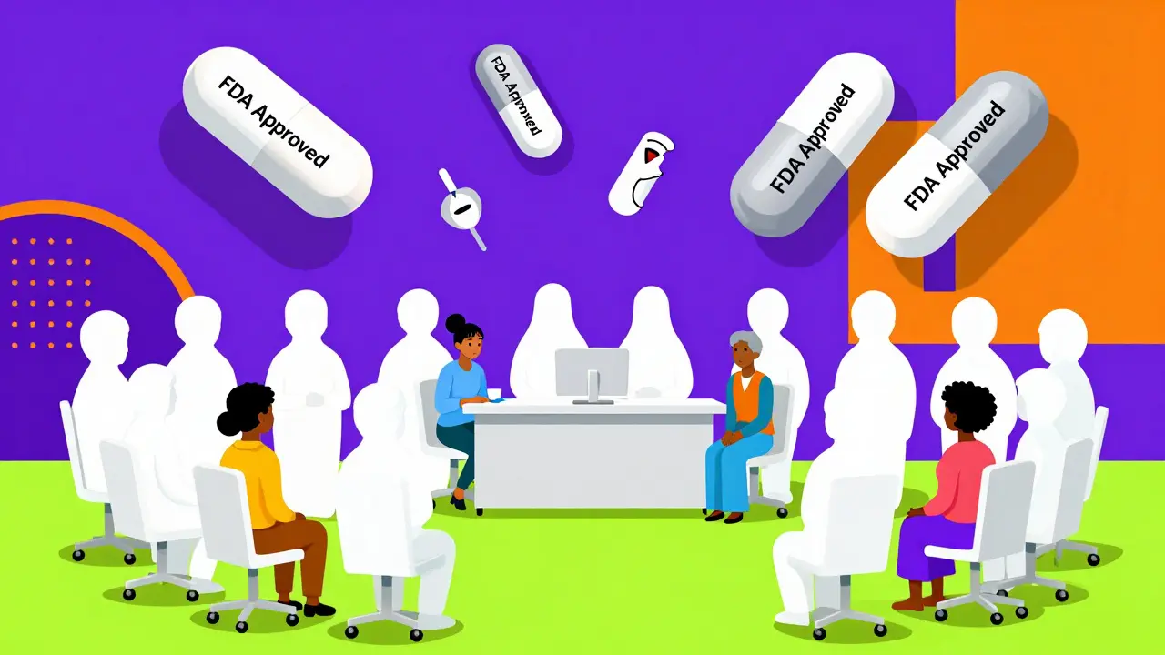 Small diverse group in a clinical trial surrounded by empty white silhouettes and oversized pills.