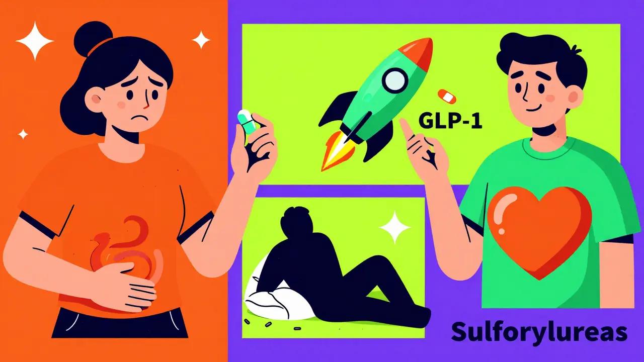 Split cartoon scene: person with stomach issues holding metformin, another transformed by GLP-1 with heart and rocket, third collapsing from low blood sugar.