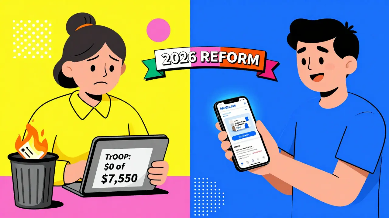 Split scene showing Medicare coverage gap vs. successful assistance via MAT website.