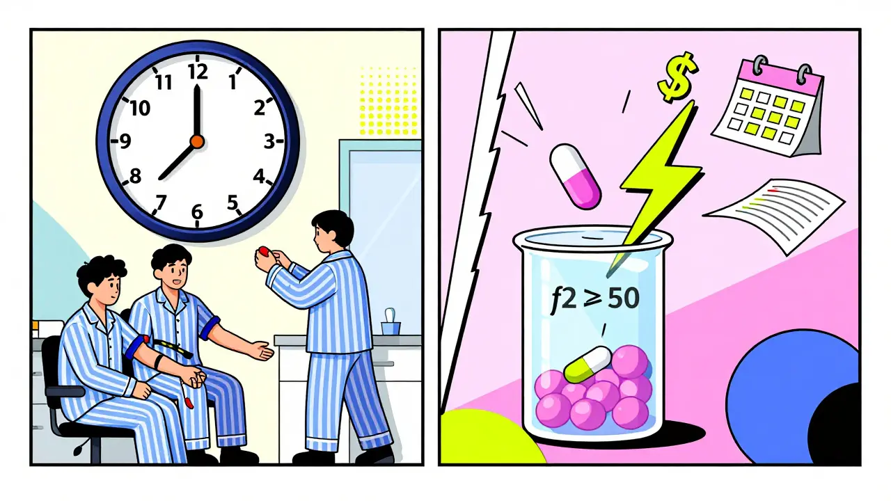 Split scene: tedious human trial vs. quick lab test with f2 score and savings icons