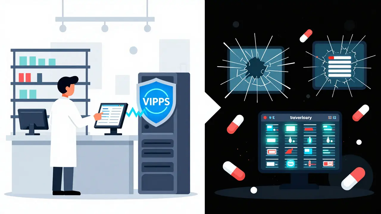 Split-screen cartoon: safe pharmacy with encrypted data vs. fake pharmacy with stolen health records.