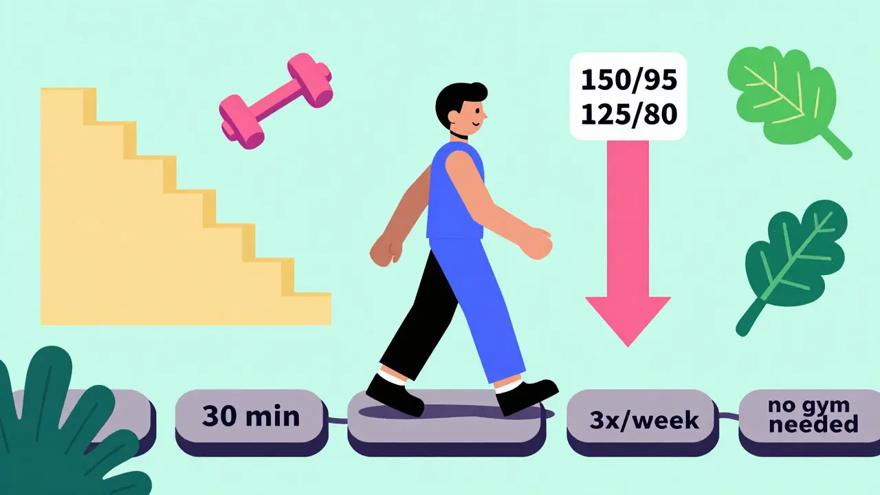 Stylized person walking on a path with rising blood pressure numbers and exercise icons in Memphis art style.