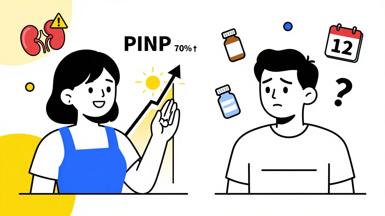 Two patients side by side—one with rising bone marker arrow and fireworks, the other with flat lines and warning icons.