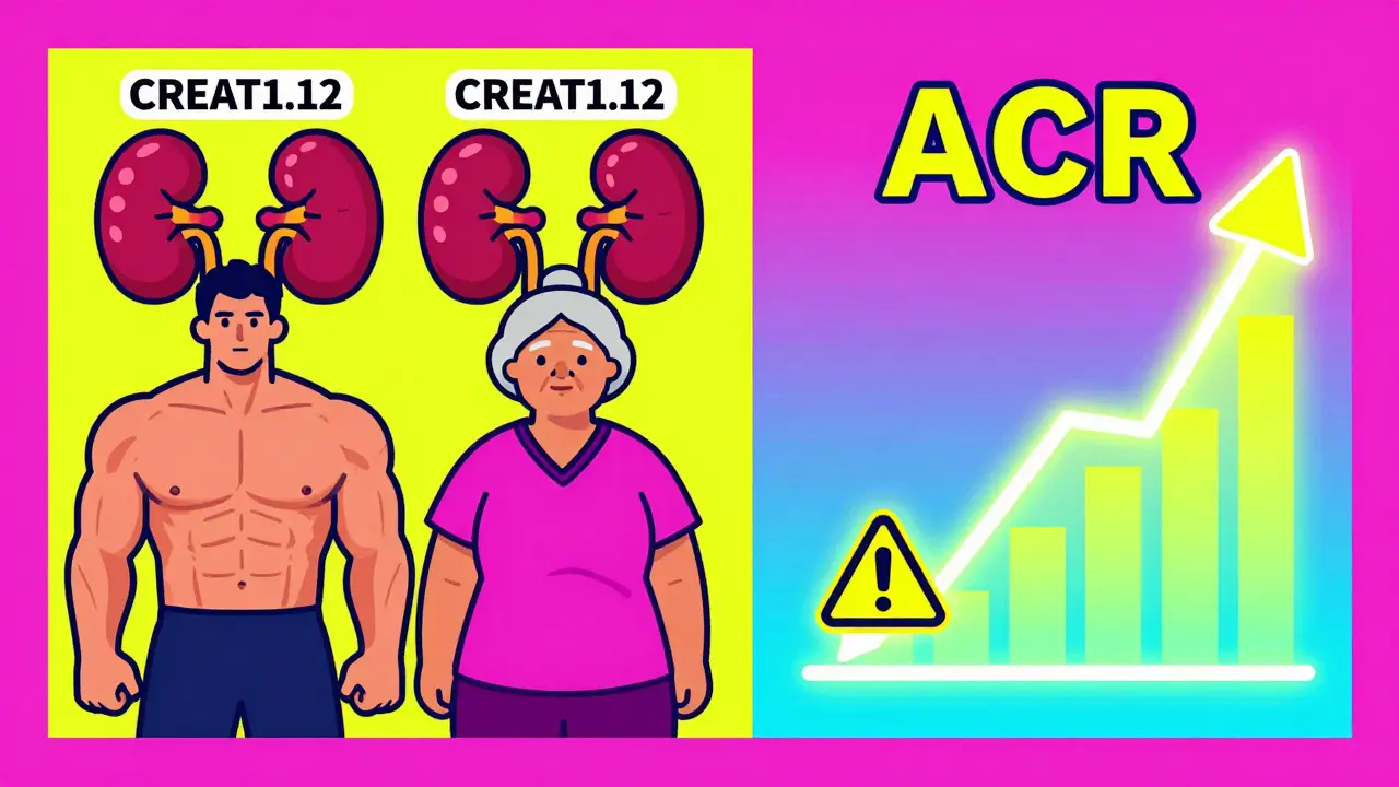 Two people with same creatinine level but different kidney function, plus ACR urine test graph.