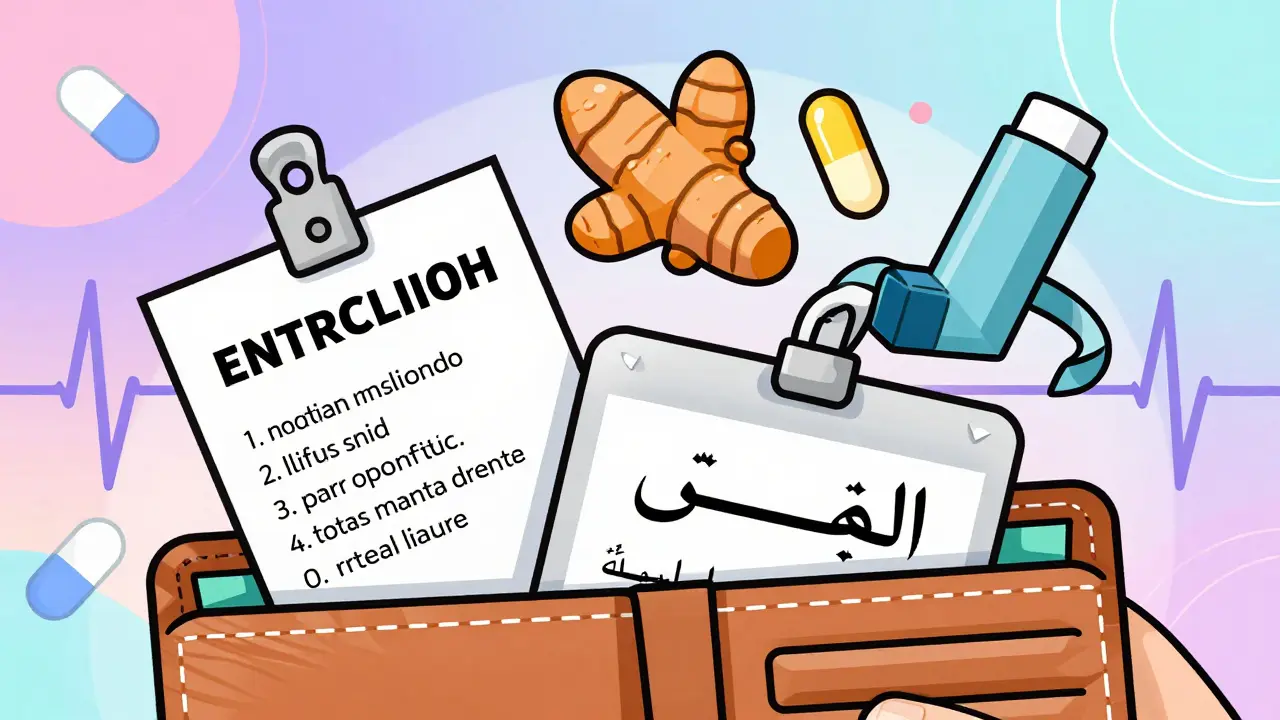 Wallet opening to reveal printed medication lists and medical ID bracelet with supplement icons.