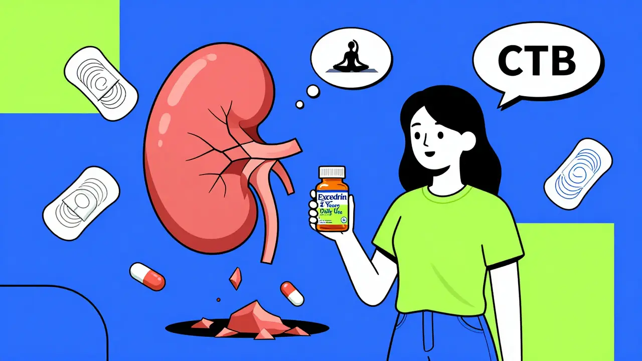 Woman's shadow turning into a crumbling kidney as healing alternatives glow beside her.