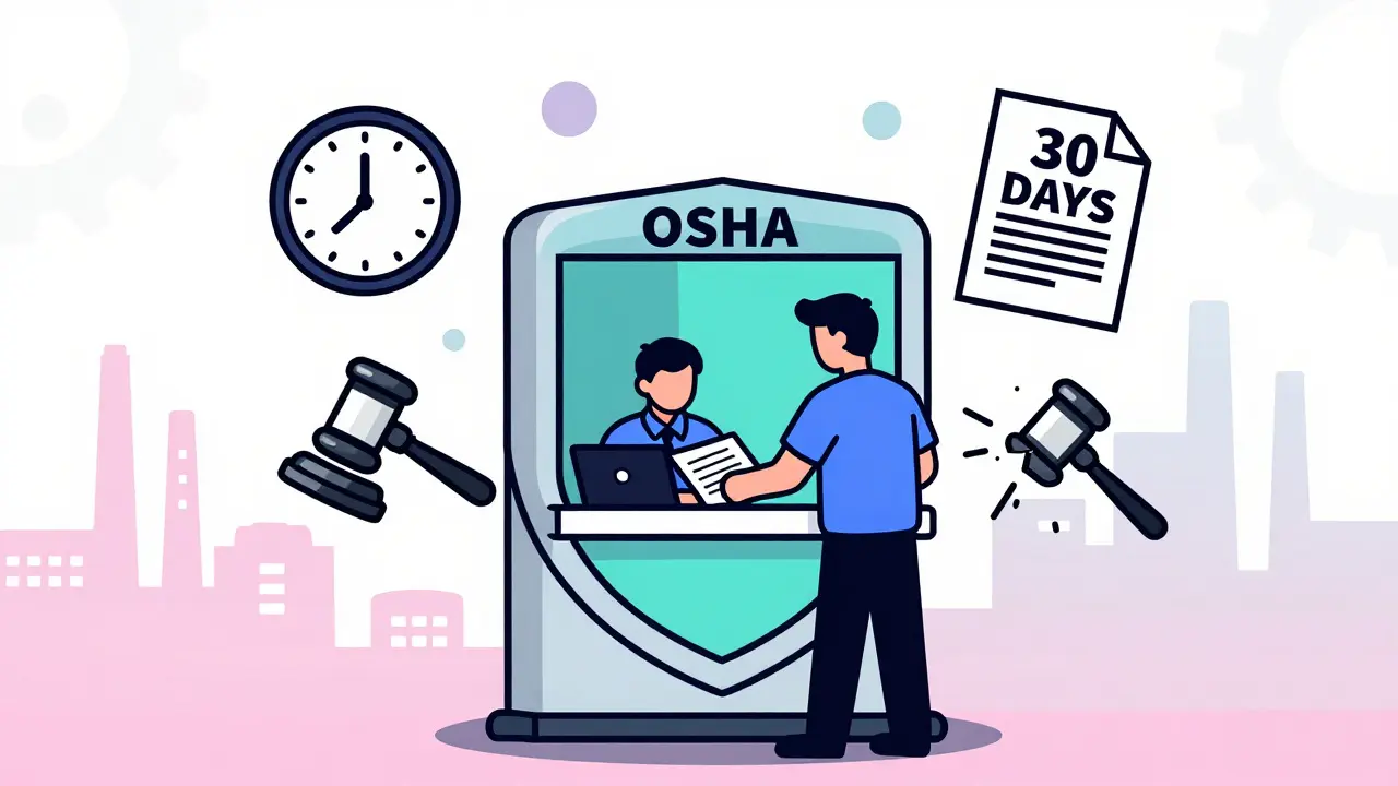 Worker filing a whistleblower complaint at a shield-shaped OSHA kiosk with countdown clock and legal icons.