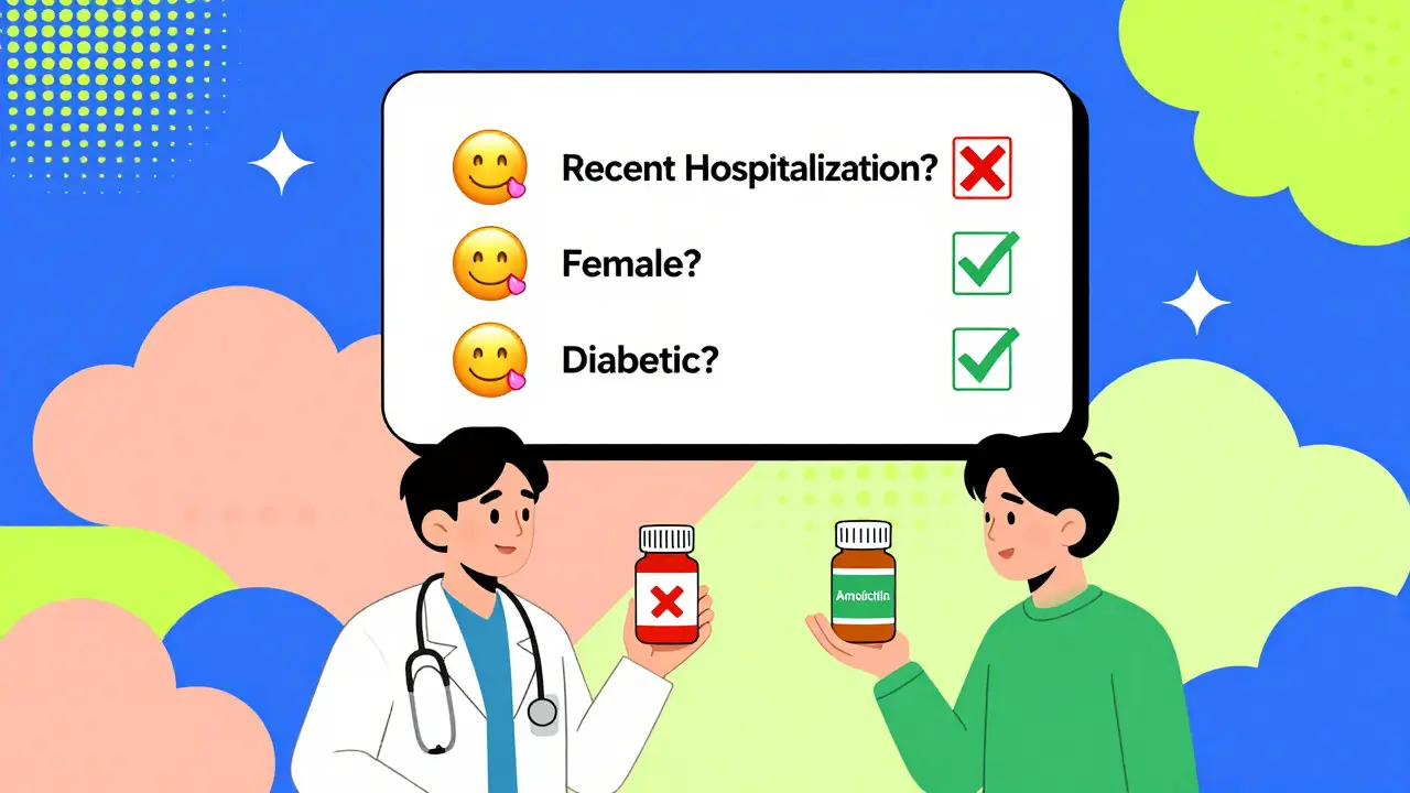 A medical checklist with emoji icons and two pill bottles, one rejected and one approved, in bold Memphis geometric patterns.