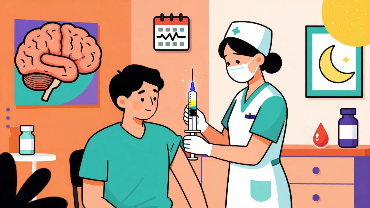A patient receives a glowing injection in a clinic with floating icons of dosage, heartbeat, and blood monitoring, all in bold Memphis Design style.