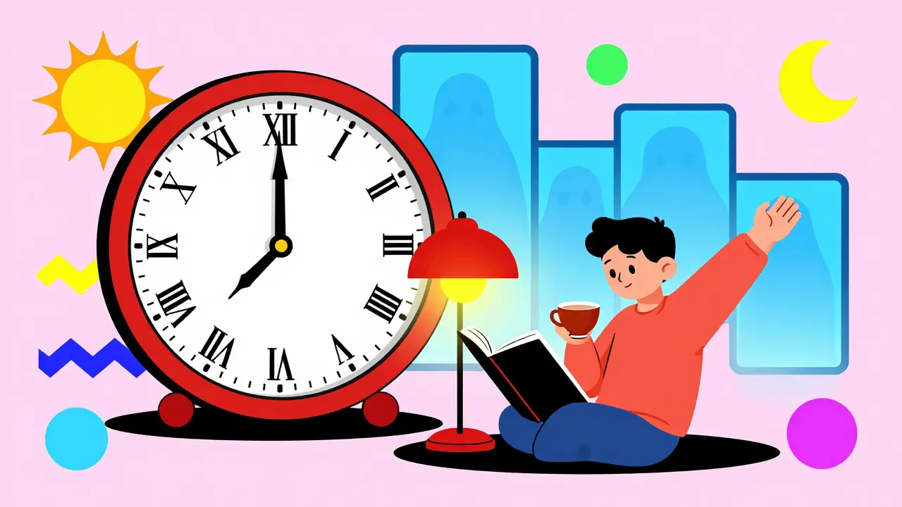 A person winding down with a book and warm lamp, while faded blue screens vanish in the background, all in playful Memphis Design patterns.