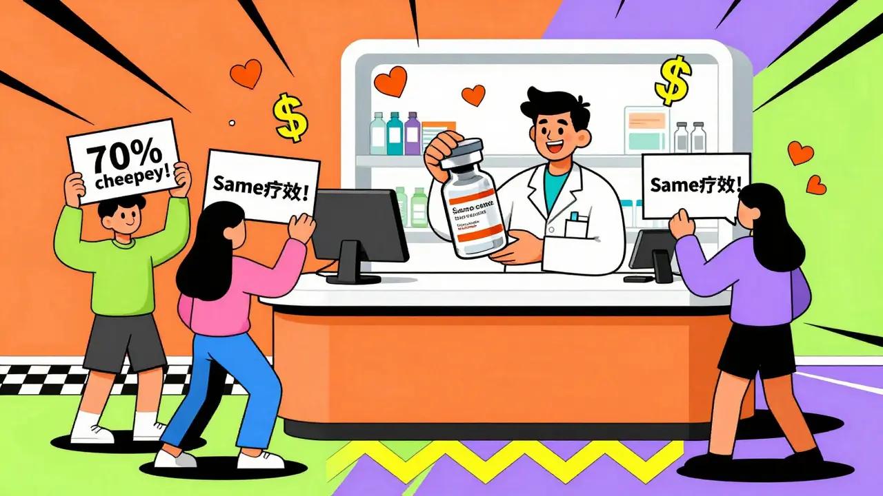 A pharmacist swapping a biologic vial for a cheaper biosimilar at a vibrant pharmacy counter