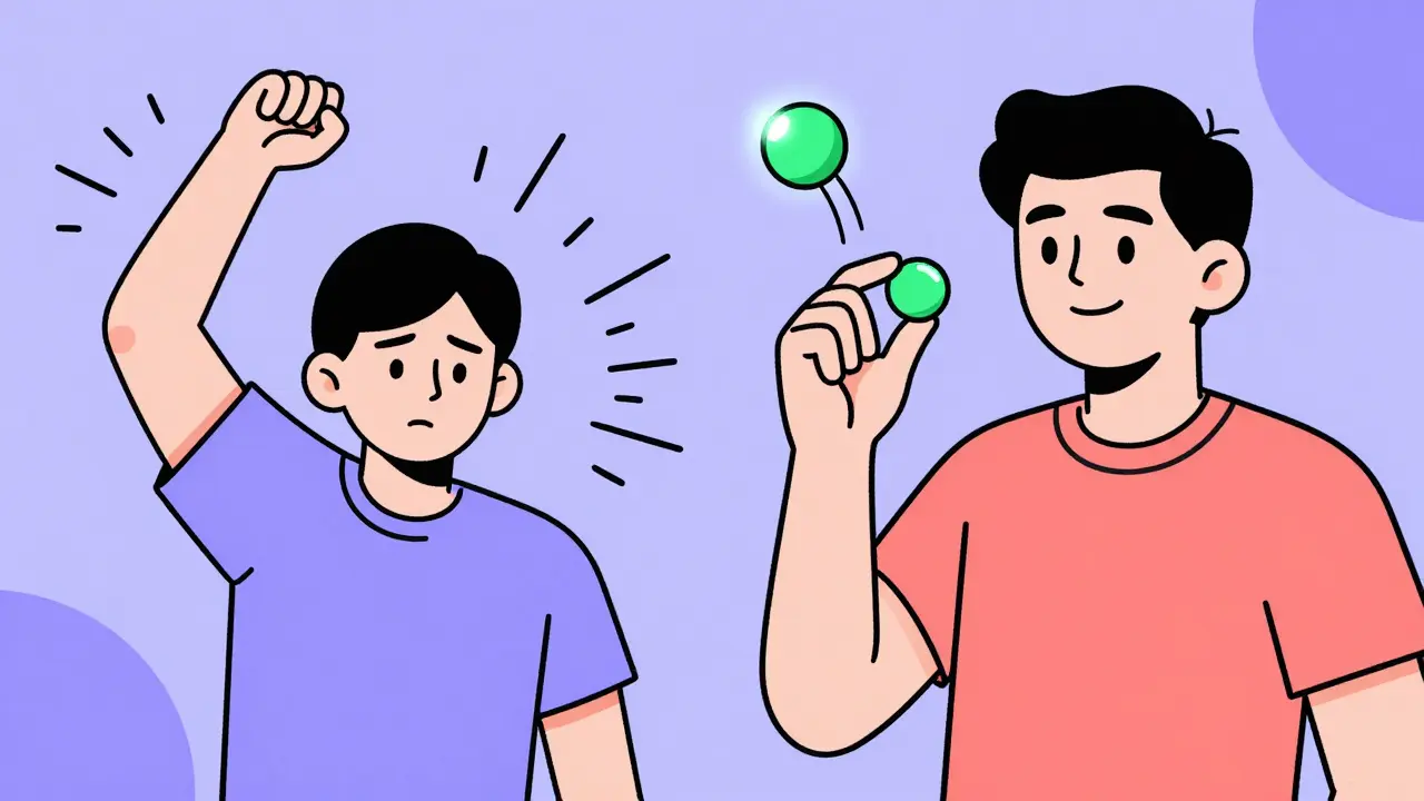 A split illustration showing muscle weakness on one side and safe amoxicillin treatment on the other, in vibrant Memphis colors.