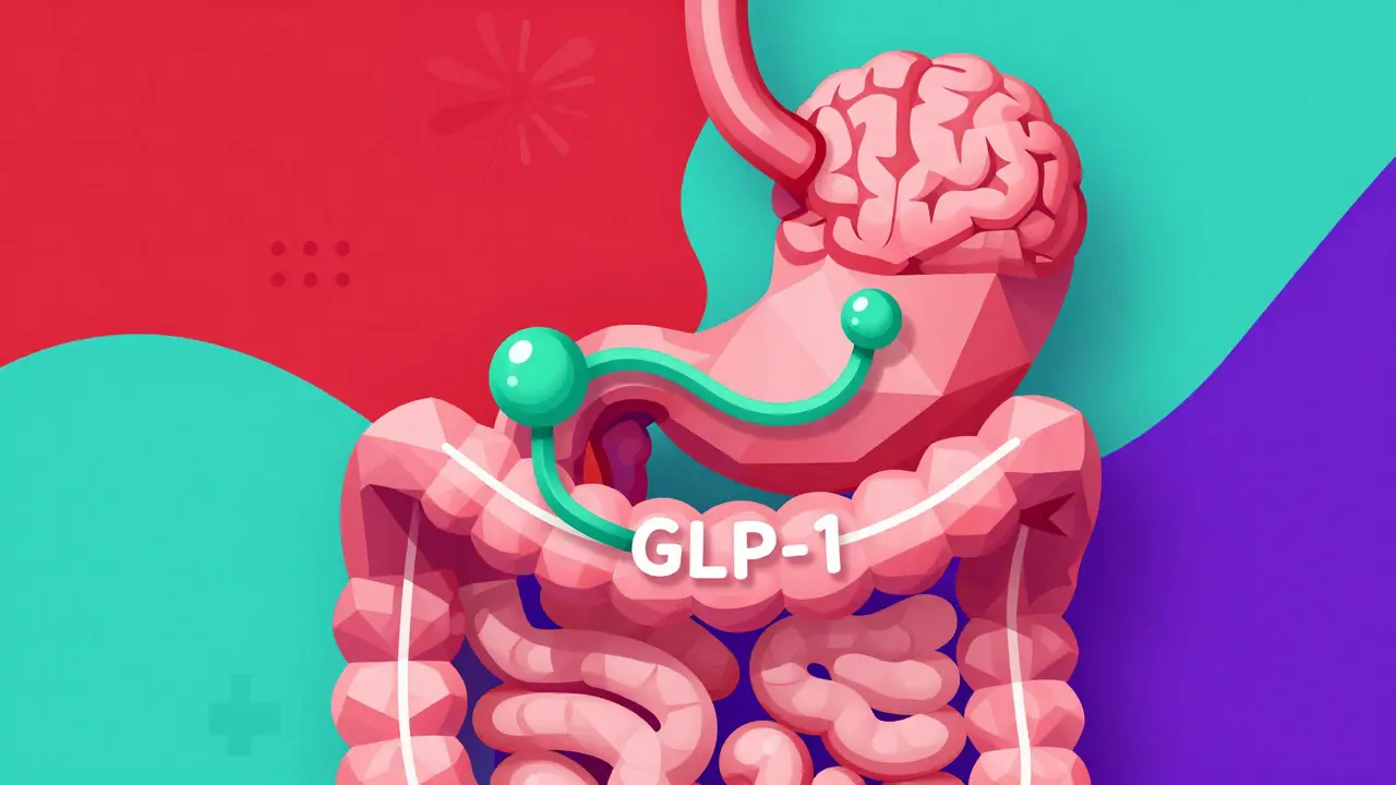 Abstract digestive system with GLP-1 molecule regulating stomach, brain, and pancreas.