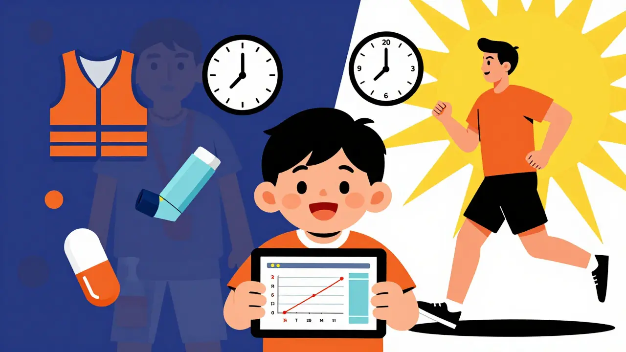 Child with medical icons showing treatment time reduced from 90 to 20 minutes, in bold colorful cartoon style.