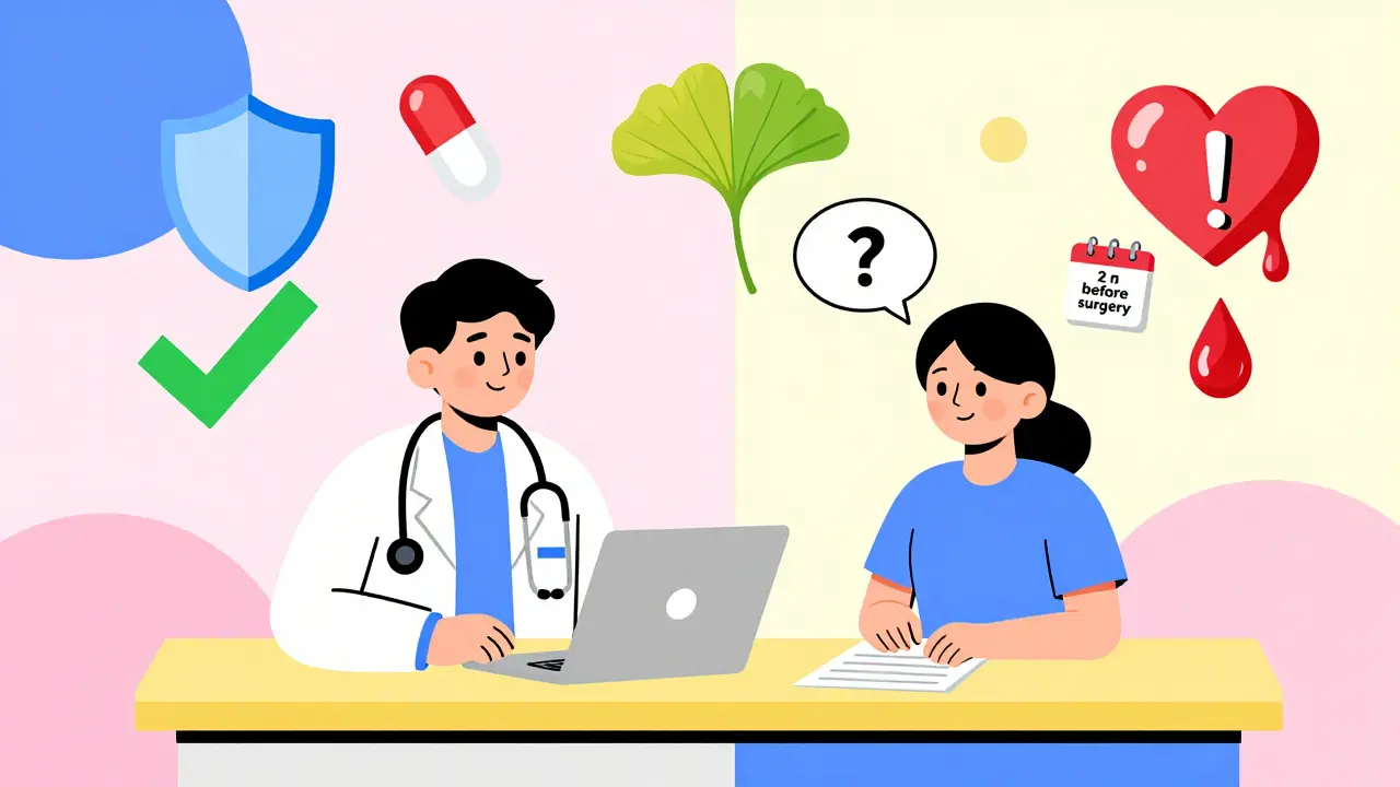 Doctor and patient at a table with floating icons of blood thinner, Ginkgo, and a bleeding heart, one side safe, one side warning.