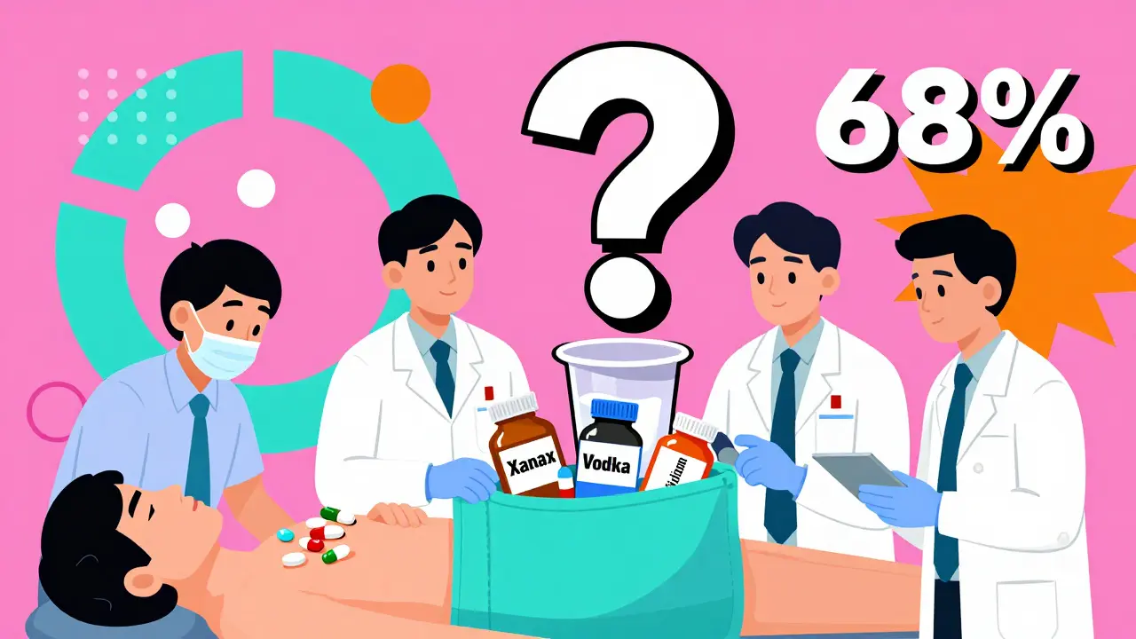 Medical team examining pill bottles and urine sample with abstract drug interaction shapes in vibrant colors.