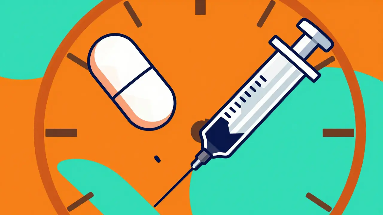 Oral pill and broken syringe with abstract clock representing future treatment.