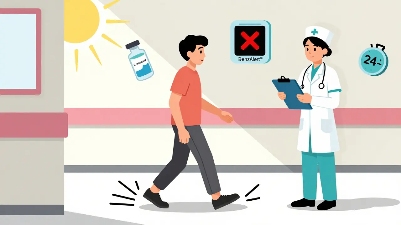 Patient stumbling with wobbly legs while nurse holds monitoring clock, surrounded by icons of failed treatments.