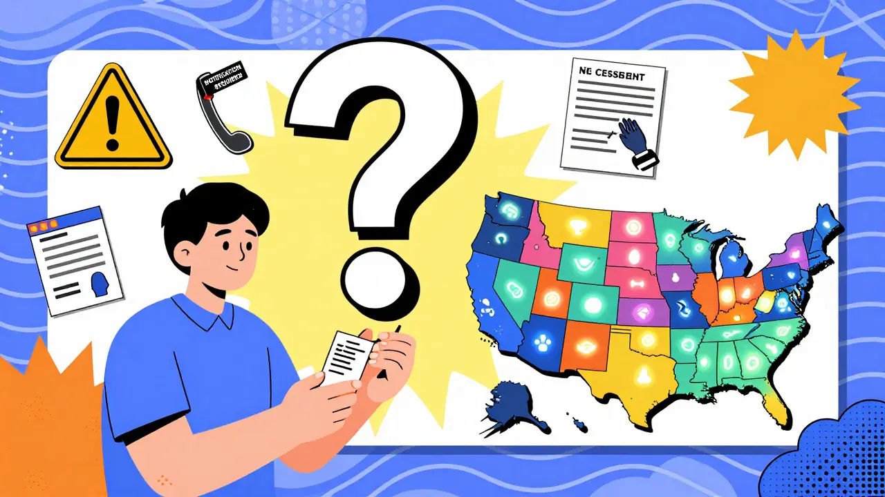 Patient with floating icons showing biosimilar warnings, consent forms, and U.S. state rules.