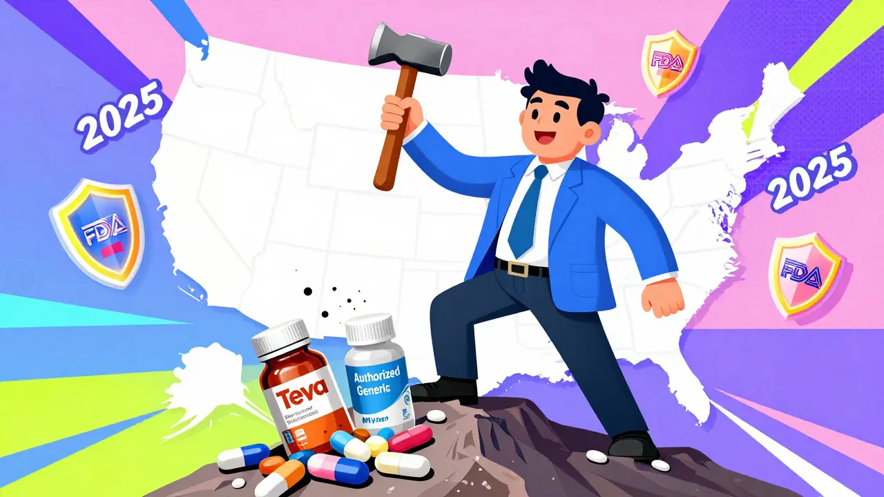 Pharmaceutical CEO smashing generic competitors with a hammer labeled 'Authorized Generic' on a mountain of pills.