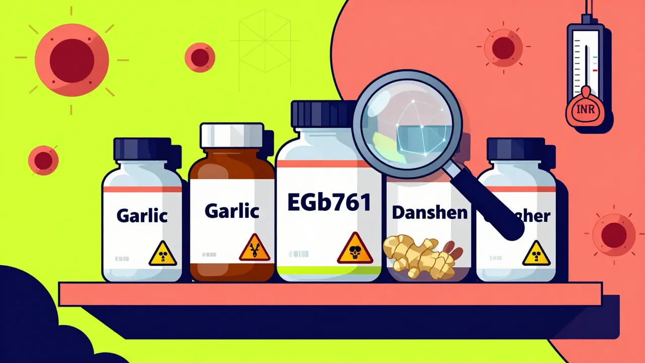 Pharmacy shelf with five herbal bottles, only one clearly labeled EGb 761, others marked with warning symbols and bleeding arrows.