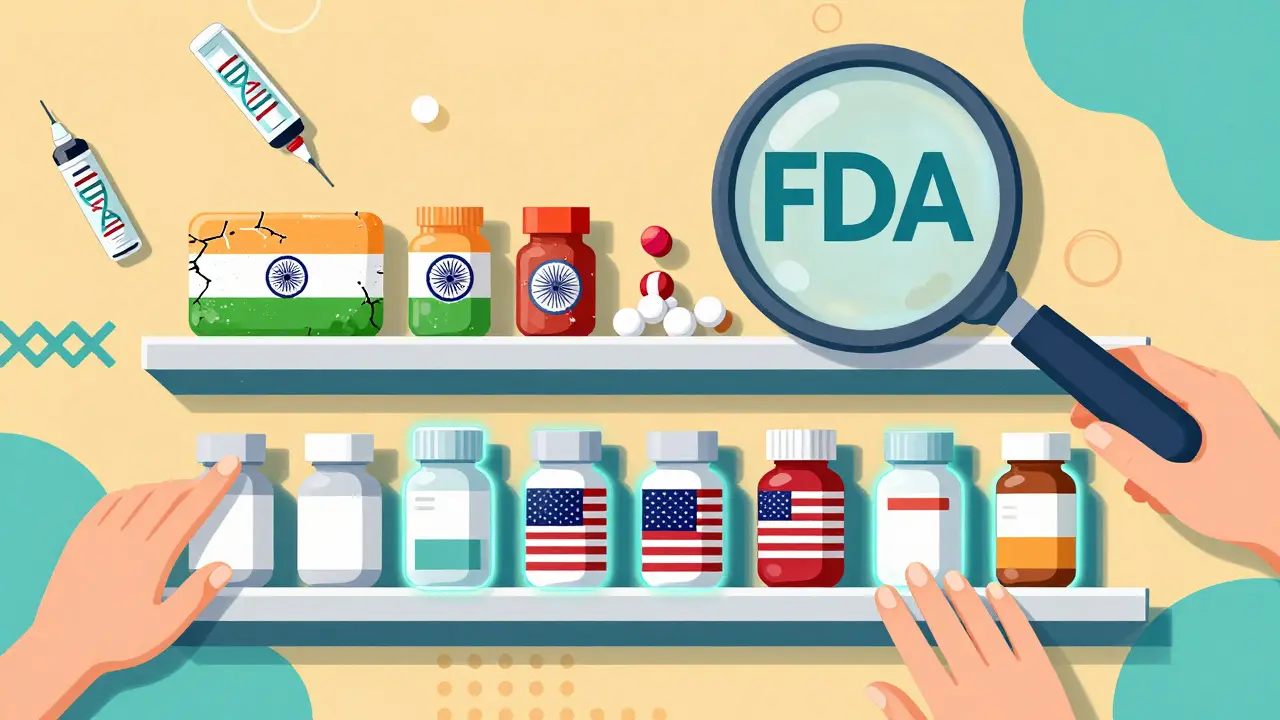 Pharmacy shelf with U.S.-made pills glowing brightly versus faded overseas versions, FDA magnifying glass above.