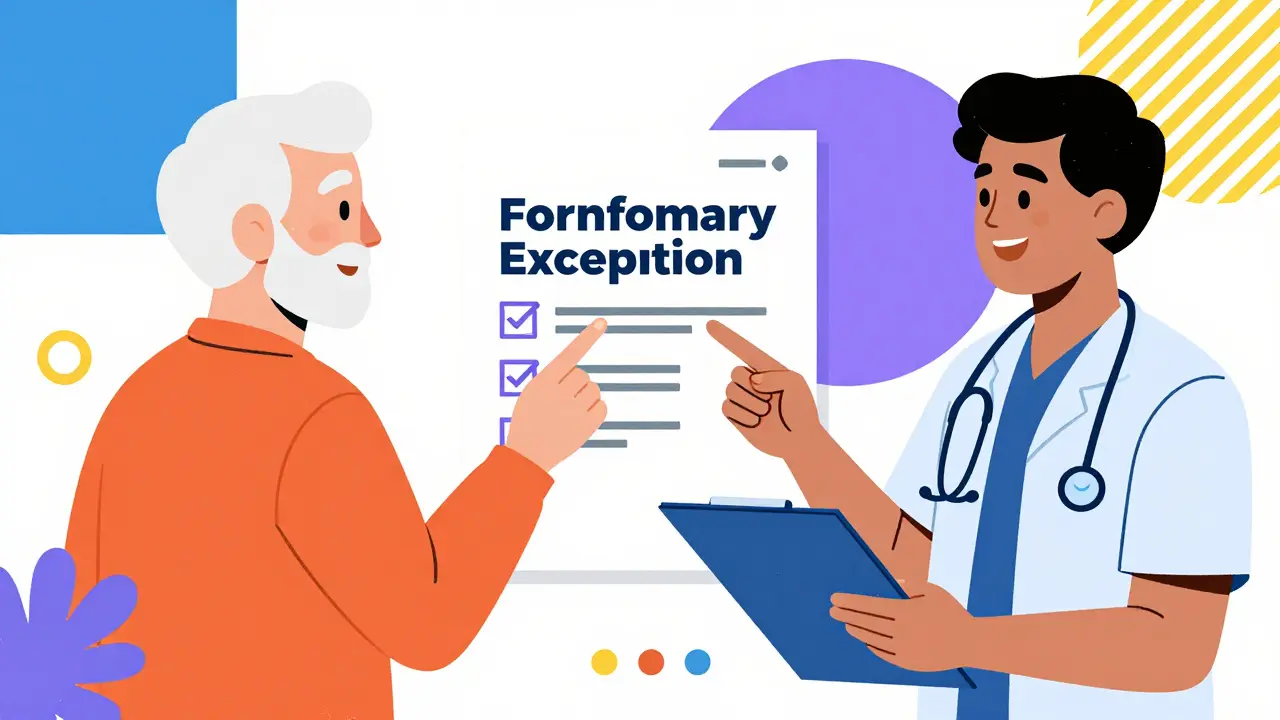 Senior and healthcare worker discussing formulary exception with abstract documents.