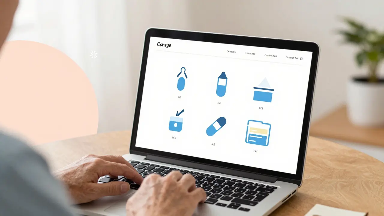 Senior searching medication coverage on laptop with geometric icons.