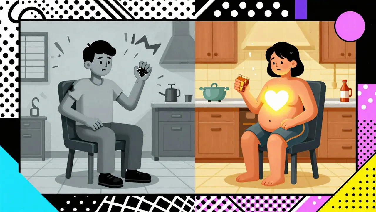 Two people sit in identical chairs—one with shaking limbs and gray chaos, the other with weight gain and sugar rain—illustrating trade-offs of antipsychotic medications.