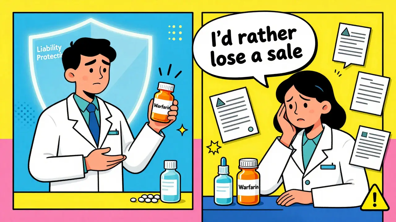 Two pharmacists side by side—one confident with liability shield, one hesitant over warfarin bottle.