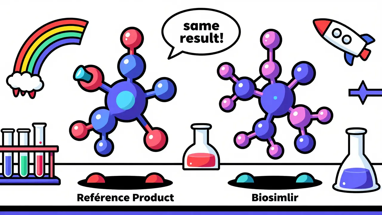 Two whimsically shaped antibody molecules side by side, labeled reference and biosimilar