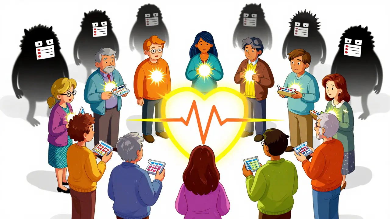 A diverse group of patients forming a protective shield of light while shadowy error figures retreat behind them.