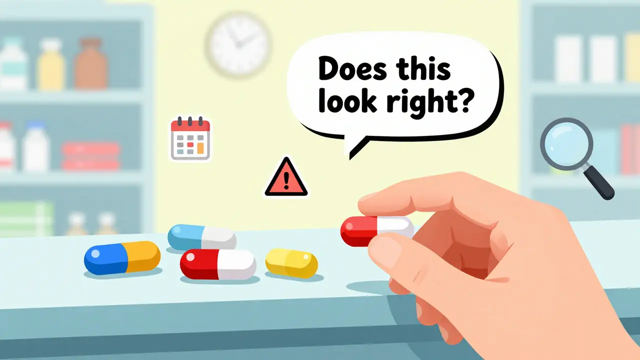 A hand examining a pill beside an abstract pharmacy counter with mismatched pill shapes and warning symbols.