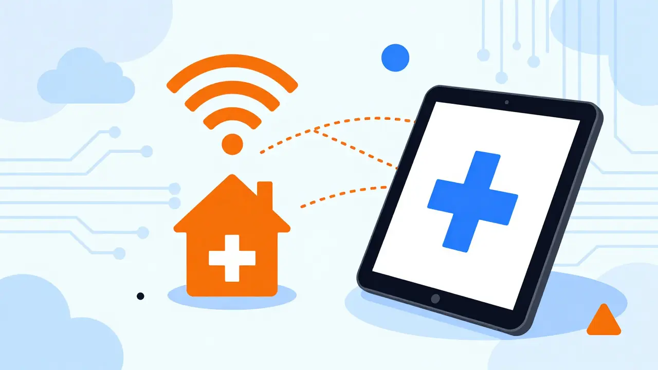A tablet connected to a house and medical icon via colorful wireless data streams.