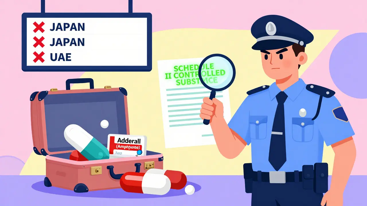 Customs officer examining a glowing medical letter at a border checkpoint with pill bottles in geometric shapes.