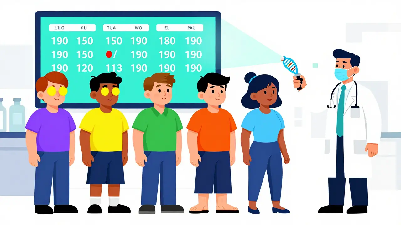 Diverse people at clinic with floating cholesterol numbers and RNA strand neutralizing plaque