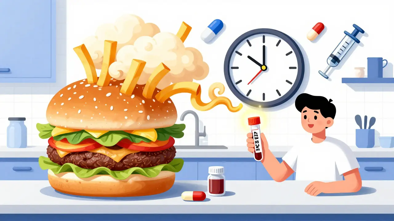 Kitchen with food turning into cholesterol clouds and a blood test vial glowing beside a ticking clock