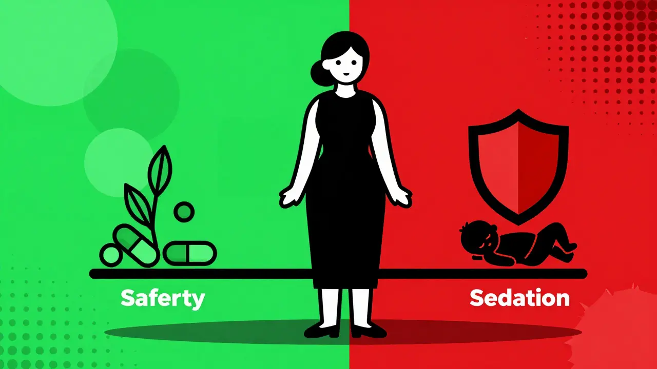 Mother between safe green circles and risky red shapes, baby shield.