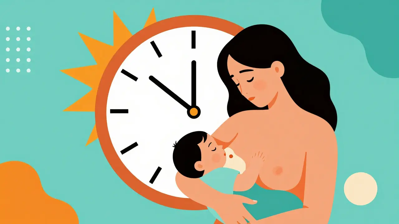 Mother breastfeeding alert baby with stylized clock background.