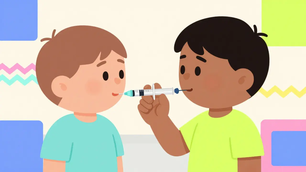 Parent administering liquid medicine safely to a young child.