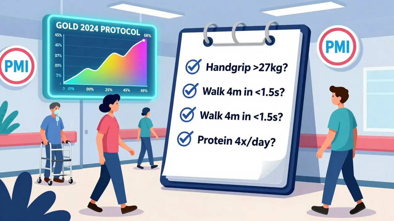 Patients in a hallway with floating muscle health metrics and a glowing COPD protocol checklist in Memphis design style.