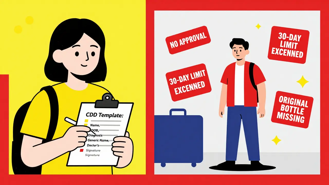 Split scene: calm traveler with checklist vs. chaotic detention scene with warning signs about medication rules.