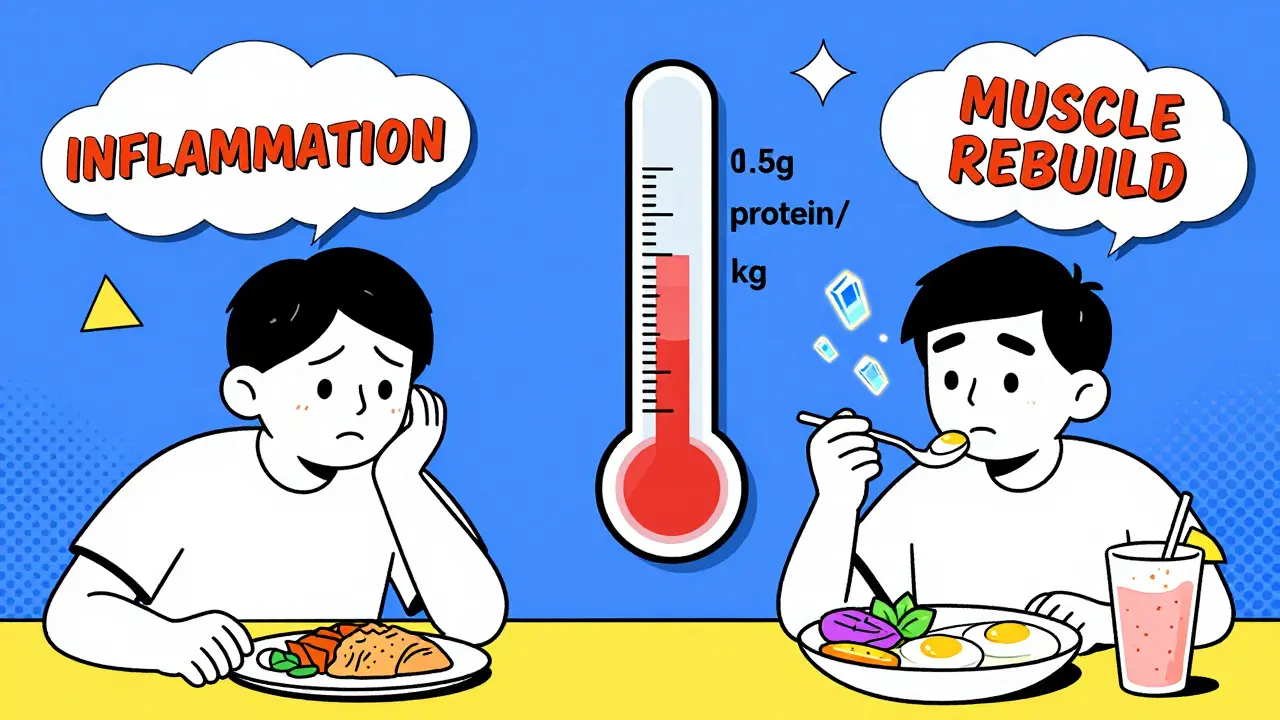 Split scene comparing poor protein intake to nutrient-rich meals with glowing leucine symbols in Memphis design style.